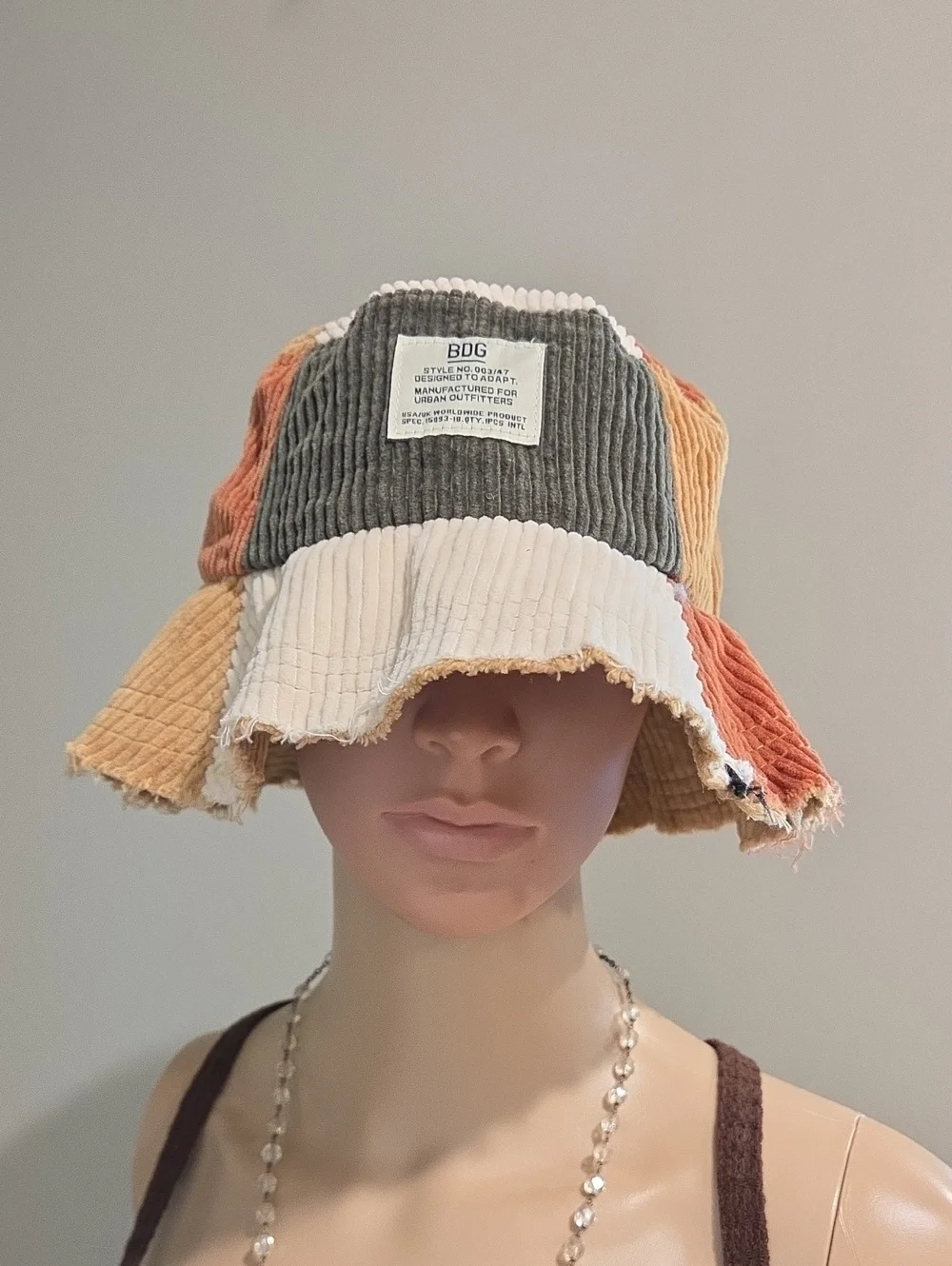 Urban Outfitters BDG Patchwork Corduroy Bucket Hat in Olive, Cream & Rust